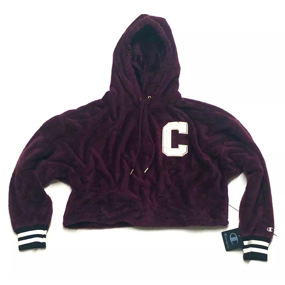 Champion Faux Fur Cropped Hoodie Womens Size XL Big C Purple Gold NWT - Picture 2 of 8